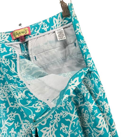 Lilly & Van Chino Pants Women 6 Blue White Floral Tiger Crop Stretch Tropical - Picture 3 of 12